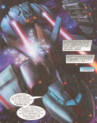 Colonial craft attacked by new model Cylon Raider